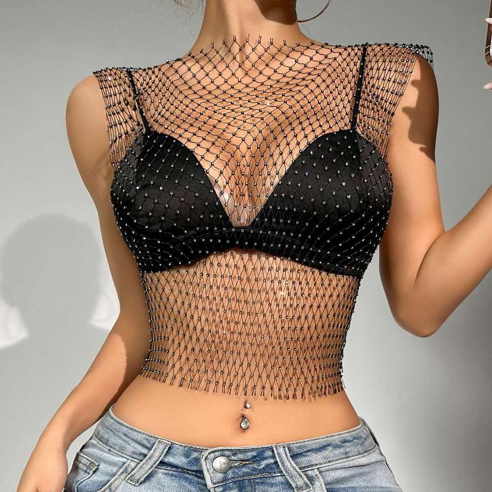 Sexy Nightclub Women's Fishnet Hollow Out Vest Mesh Sparkling Rhinestone Camisole Top for Women