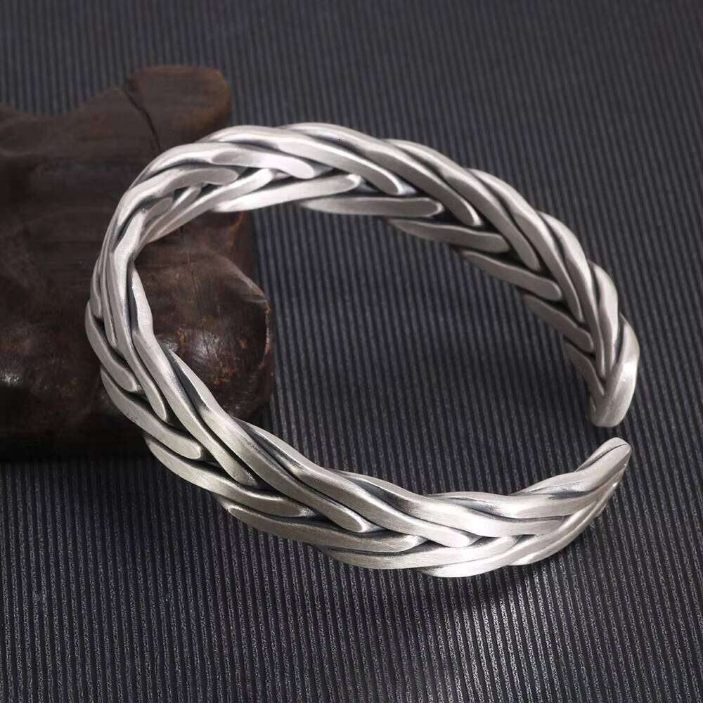 Heavy 999 Sterling Braided Twist Retro Solid Handmade Sier Opening Adjustable Bracelet Men and Women Jewelry