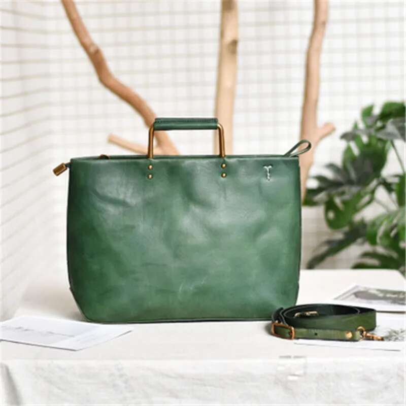 Retro Handmade Natural Genuine Leather With Metal Handles Simple Personality Handbags Cowhide Shoulder Messenger Bag