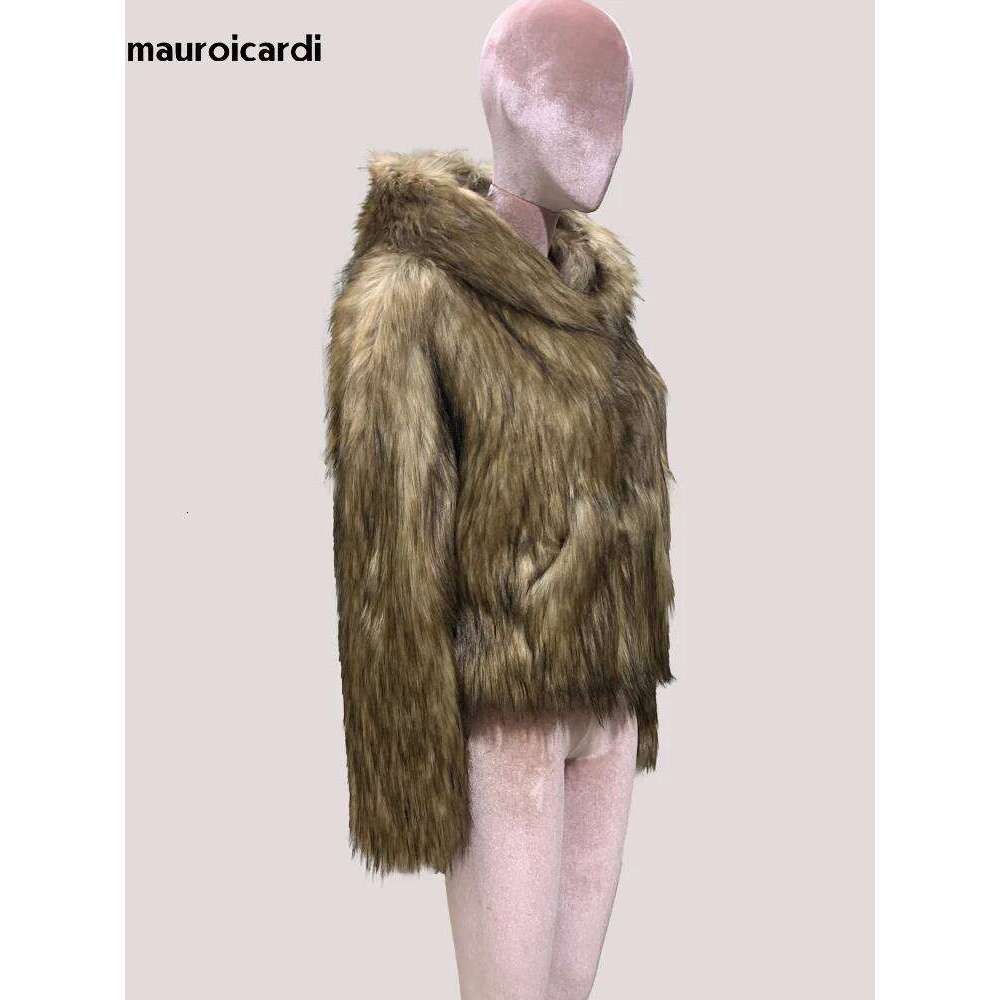 Mauroicardi Spring Winter Short Thick Warm Hairy Shaggy Faux Fox Fur Coat Women with Hood Designer Clothes Fluffy Jacket