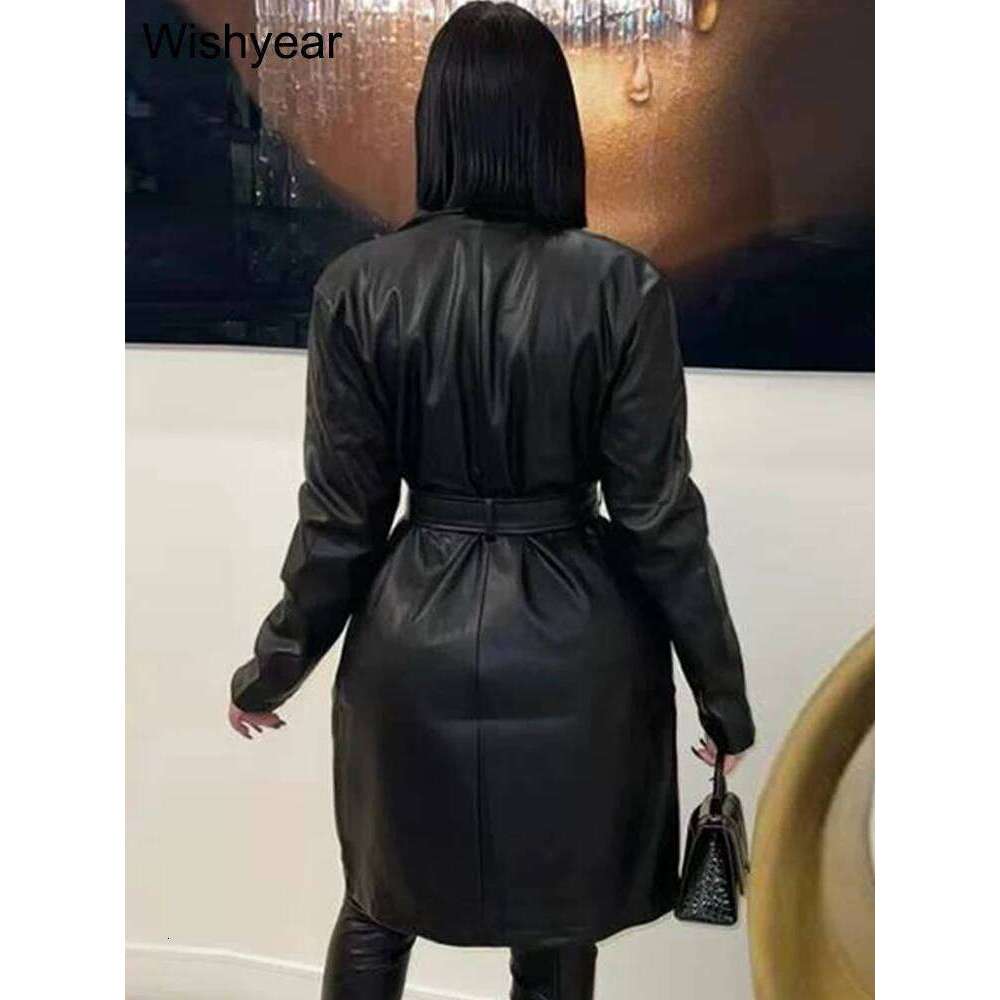 Vintage Women PU Leather Black Jacket Elegant Lapel Collar Long Sleeves Coat With Sashes Sexy Cool Girls Streetwear Outwear Y2k