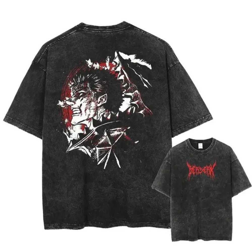 Anime Berserk Guts Acid T-shirt Retro Vintage Washed Graphic Tees Men Harajuku Cotton Casual Short Sleeve T-shirt Tops Unisex Z250527