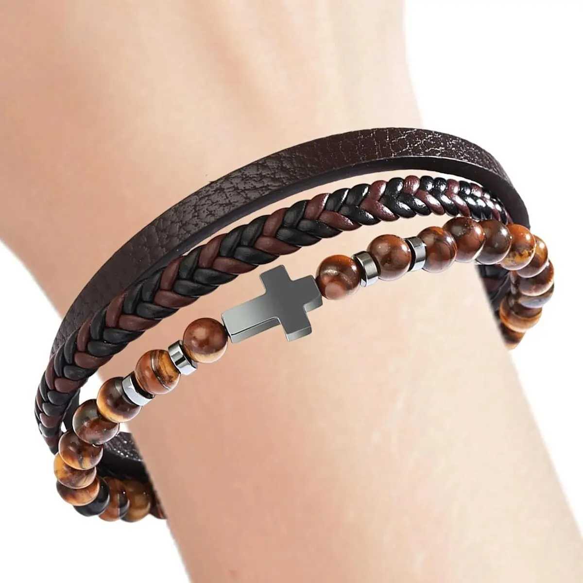 Cross Bracelet Men Multi-Strand Woven Bangle Cuff Wristband Or Birthday Gift for Him W250526