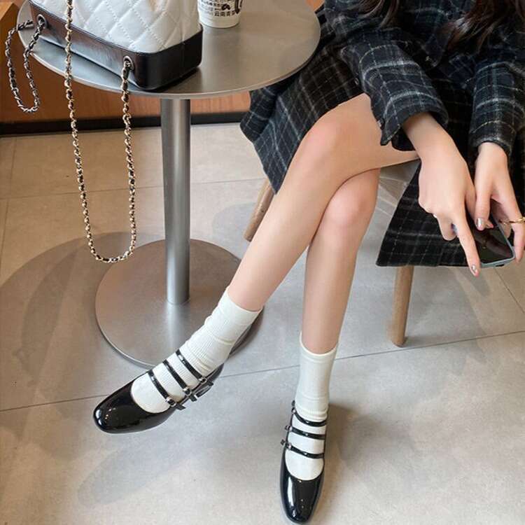 Sheepskin Version ~ Glossy Patent High Mary Jane Three-Row Buckle Genuine Leather Women's Chunky Heel Gentle Shoes