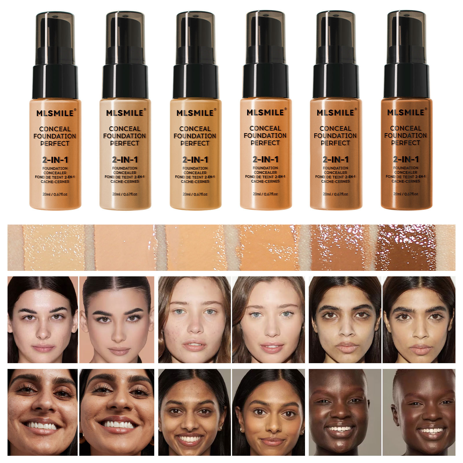 MLSMILE 6-color Liquid Foundation Is Durable Waterproof Oil Control Concealer And Foundation Make-up