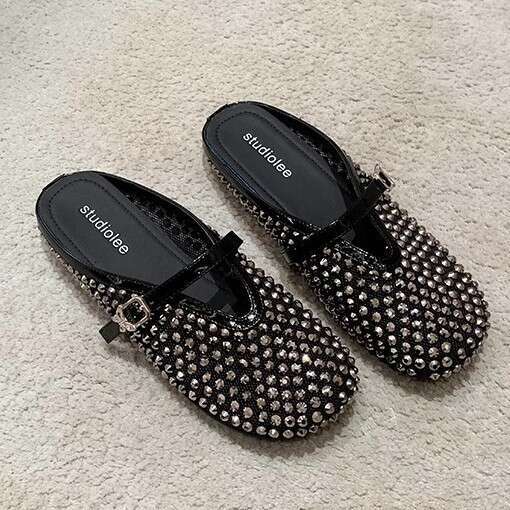 Grape Mom Same ~ Style Full Diamond Fishnet One-Strap Lazy Head Wrap Breathable Half Slippers for Summer Outdoor Wear