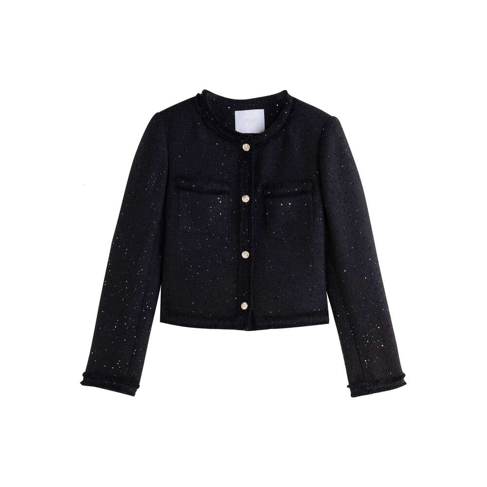 ZIQIAO Petite Size 2 Color Tweed Sequins Jacket Round Neck Short Coats 2024 Autumn New Design Chic Female Beige Coat 24Zq93260