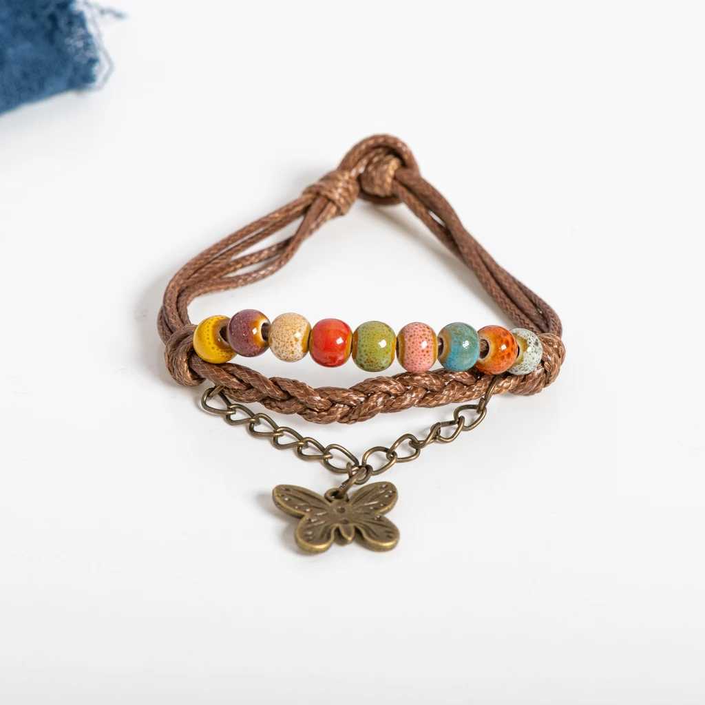 Lucky Four Leaf Clover Ceramic Bracelet Handmade Wax Cord With Crackle Beads Blue And Green Options Vintage For Women Gift W250526