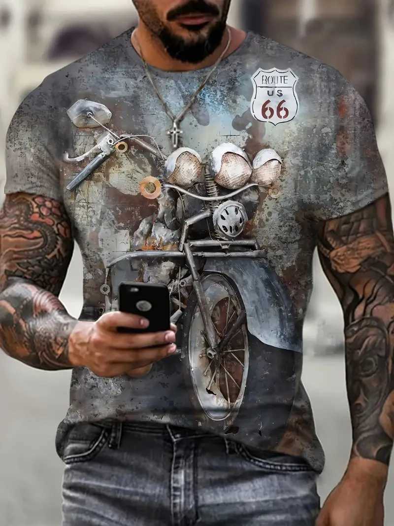 Vintage 66 Route T-Shirt for Men 3D Printed Biker Motor Mens T Shirts Oversized T Shirt Route 66 Racing Short Sleeve Camiseta Z250527