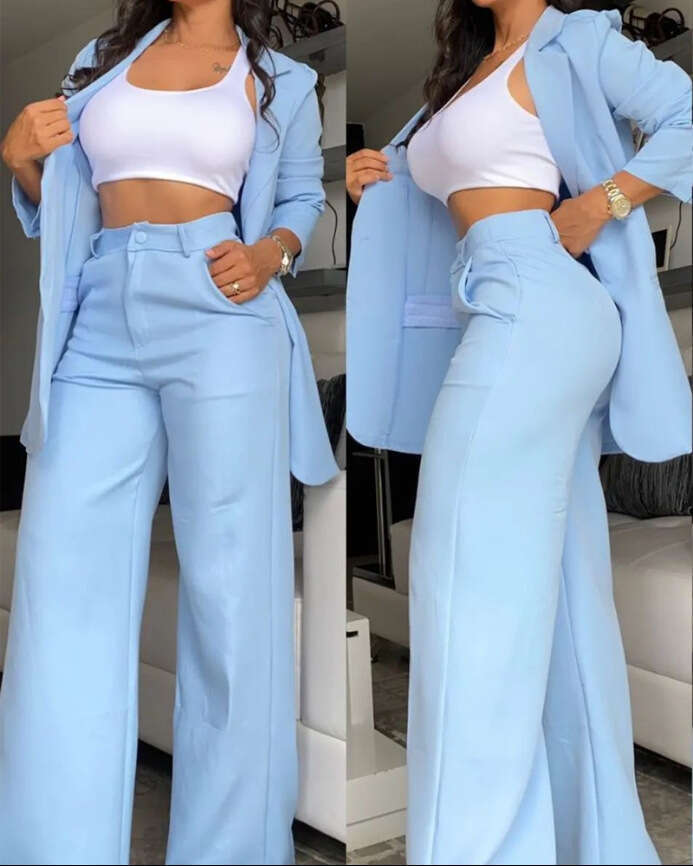 2025 Summer Women's Elegant Solid Color Split Sleeve Lapel Blazer and Straight Pants Set