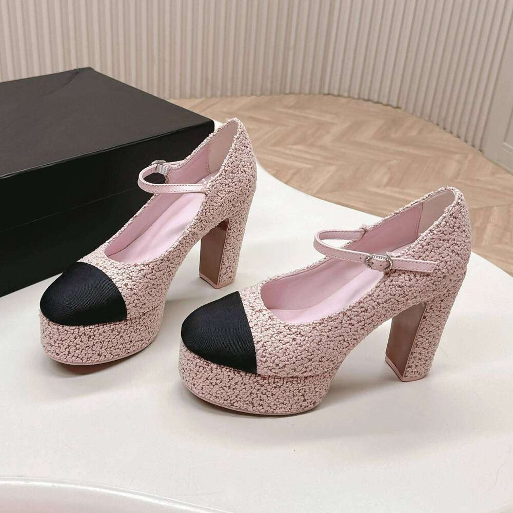 2025 Newest Spring Tweed Round-Toe Platform Super High Heel Buckle-Strap Woman Pumps Pink Color Mary Janes Banquet Bota Feminina