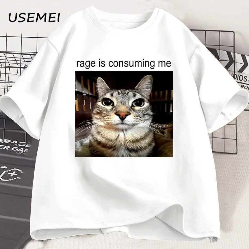 Rage Is Consuming Me Silly Staring Cat Meme Tee Shirt Casual Cotton Short Sleeve T-shirts Men Women Cat Lover T Shirt Oversized Z250527