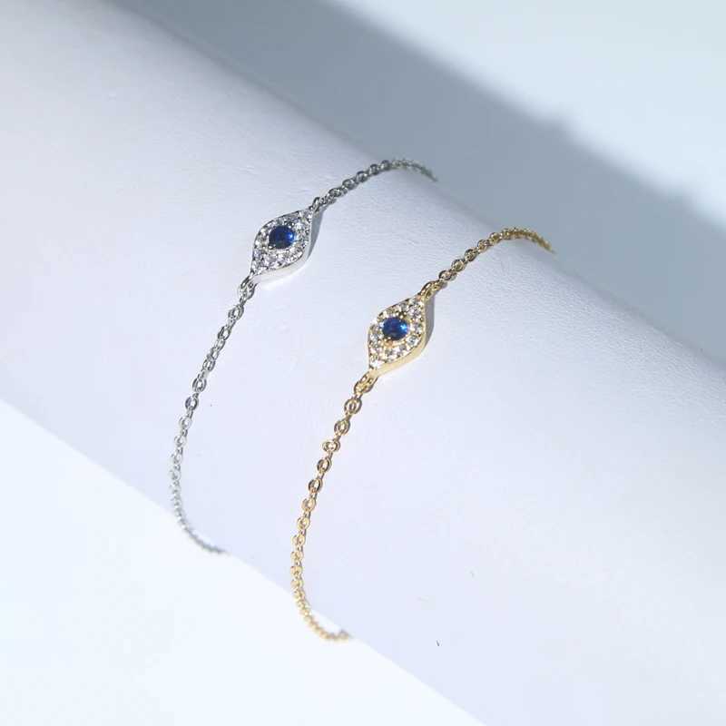 100% 925 Sterling Silver Micro Pave Cubic Zirconia Sparking Blue White CZ Evil Eye Charm Chain Bracelet Lucky Turkish Jewelry W250526