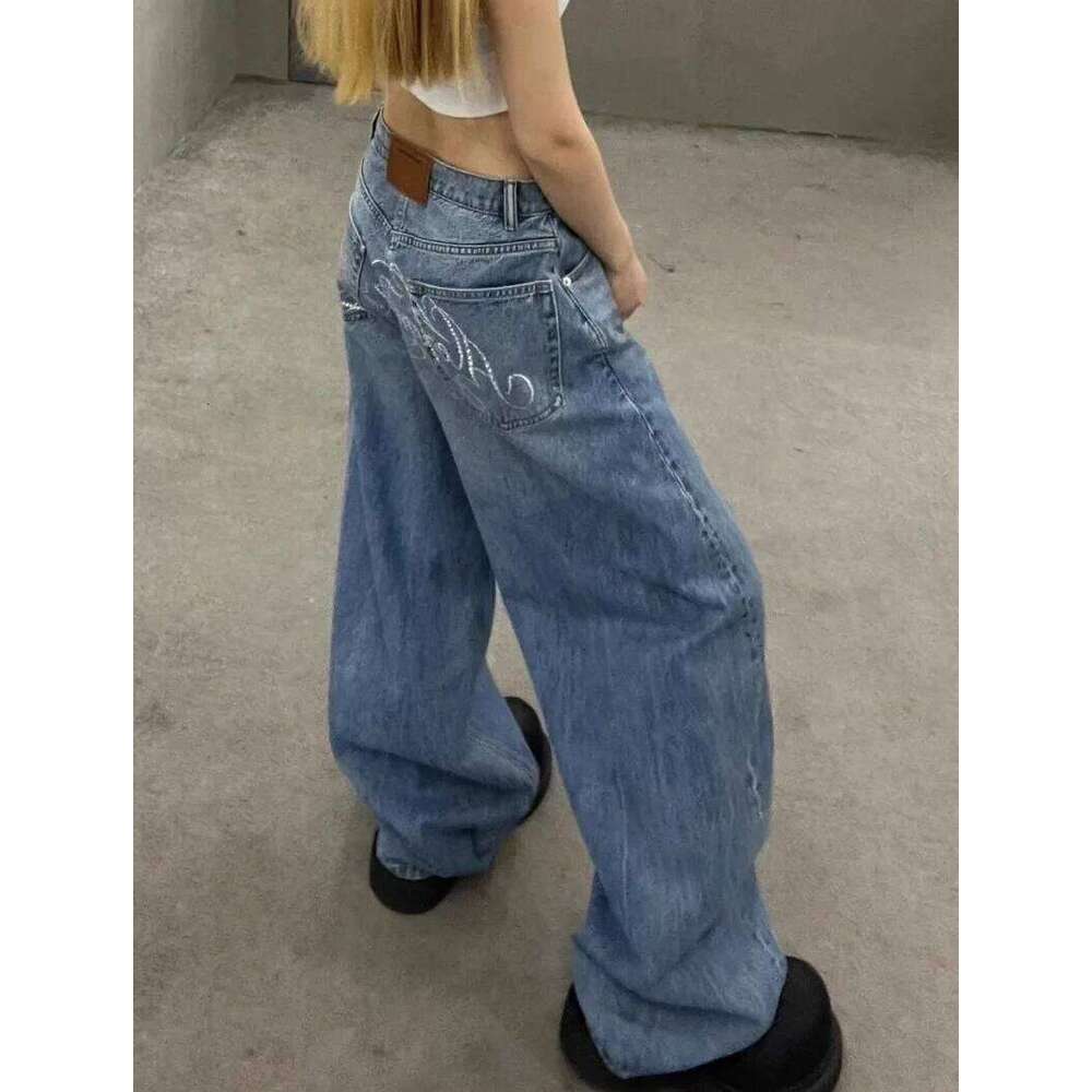 New Haruku Y2K Streetwear Trousers American Retro Letter Rhinestone Jeans Women Hot Sexy Baggy High Waist Scissors Wide Legs