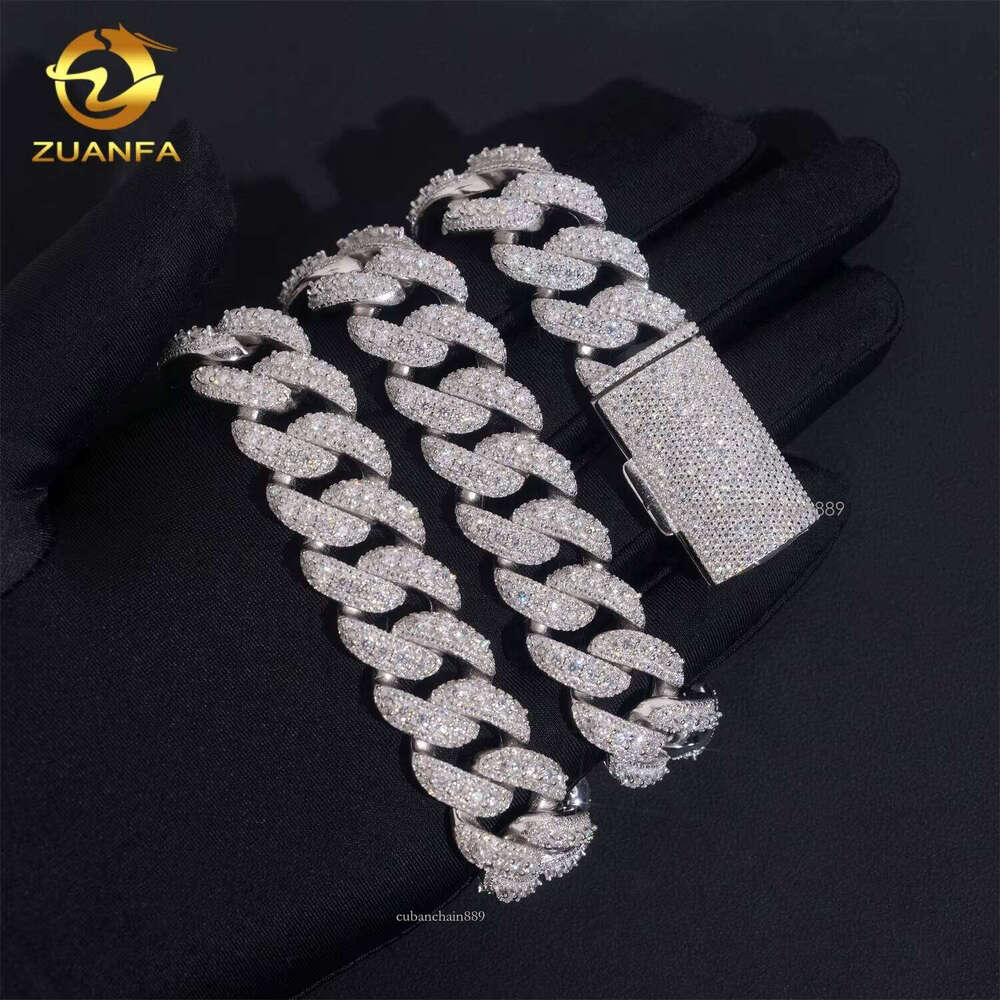 Iced Out Jewelry Hip Hop 3 Rows 18mm Width Sterling Sier VVS Moissanite Dia Miami Cuban Link Chain