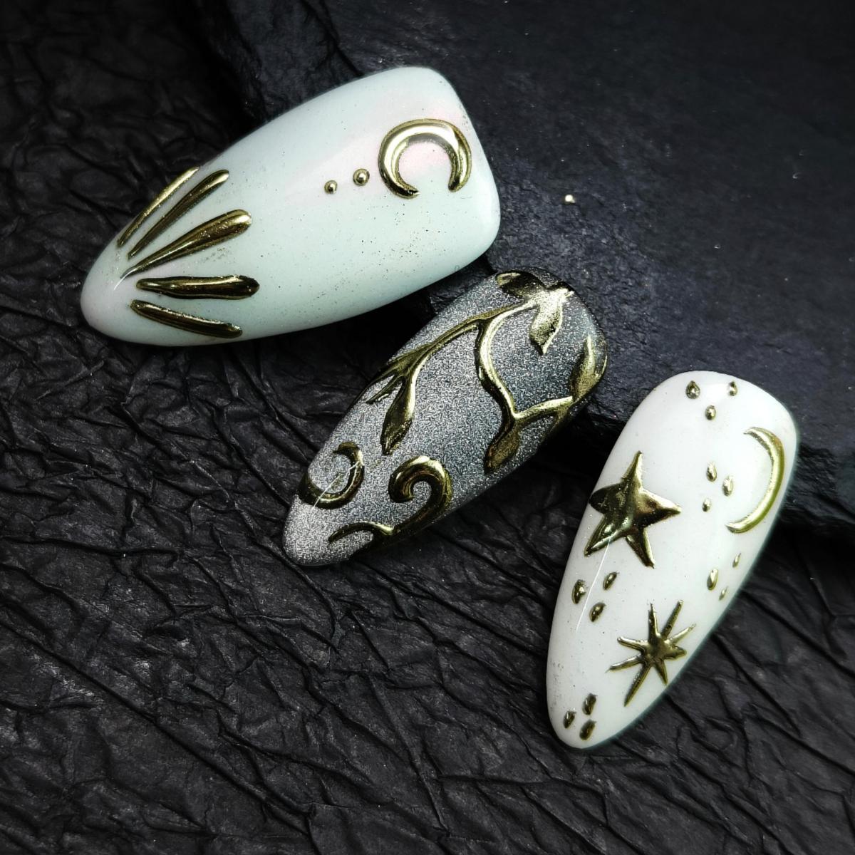 10pcs Handmade Press-on nails Medium Almond Nails 3D Stars Moon Hand drawn Fake nails Bundle Finished nail stickers Reusable Removable