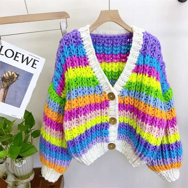 Vintage Women Knit Ribbed Long Sleeve Single Breasted Oversized Cardigan Sweaters Rainbow Tops 2024 Ins Street Outwear