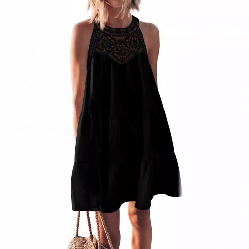 Explosive hollowed out lace patchwork hanging neck A-line dress