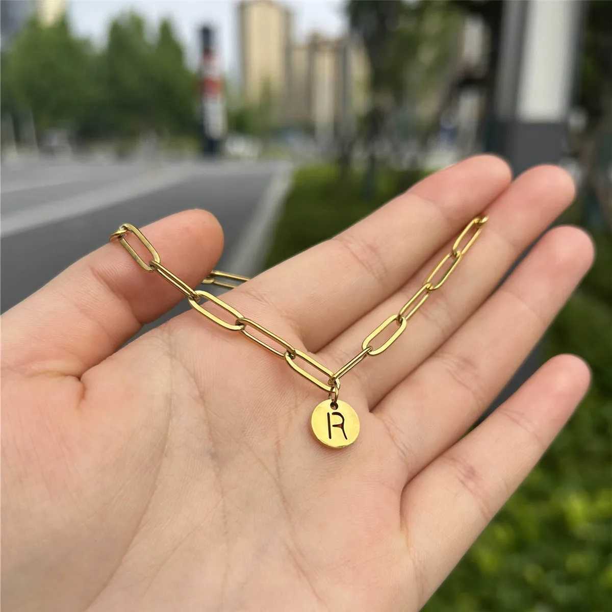 MinaMaMa Stainless Steel Square Chain Initial Letter Charm Bracelet For Women Men Coin 26 Alphabet Bracelet W250526