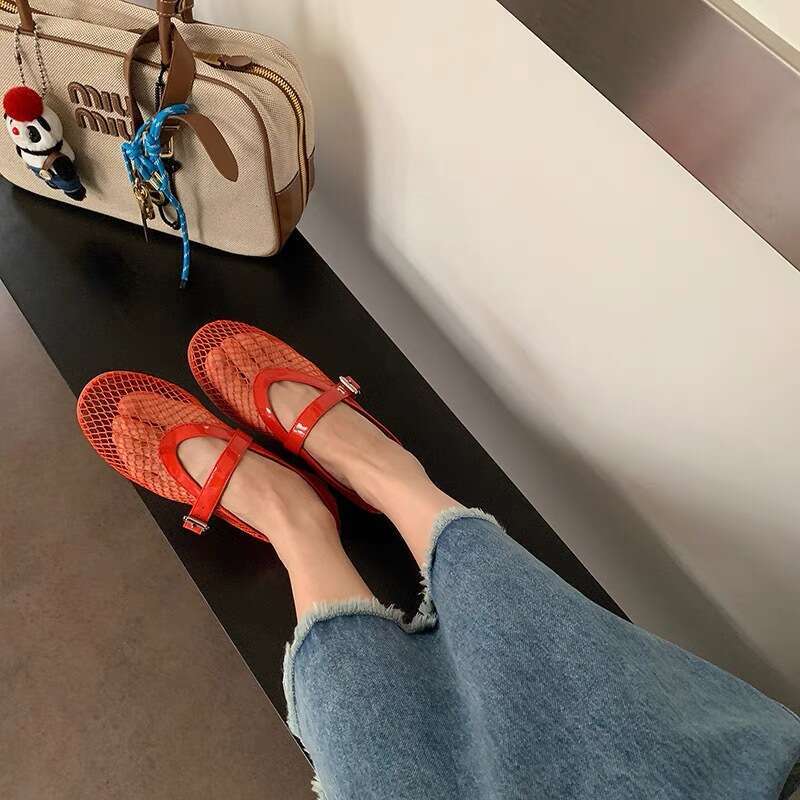 French Style Hollow Mesh Sandals for Women Summer Outdoor Round Toe Flat Ballet One-Strap Shallow Mouth Mary Jane Single Shoes
