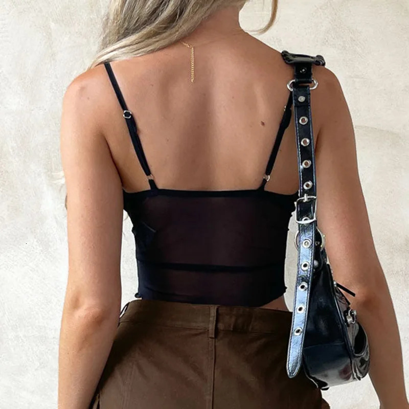 Black Corset Crop Top Women Sleeveless Summer Sexy Streetwear Fashion Lace-up Camis Mesh See Through Backless Casual Cropped Top 250523