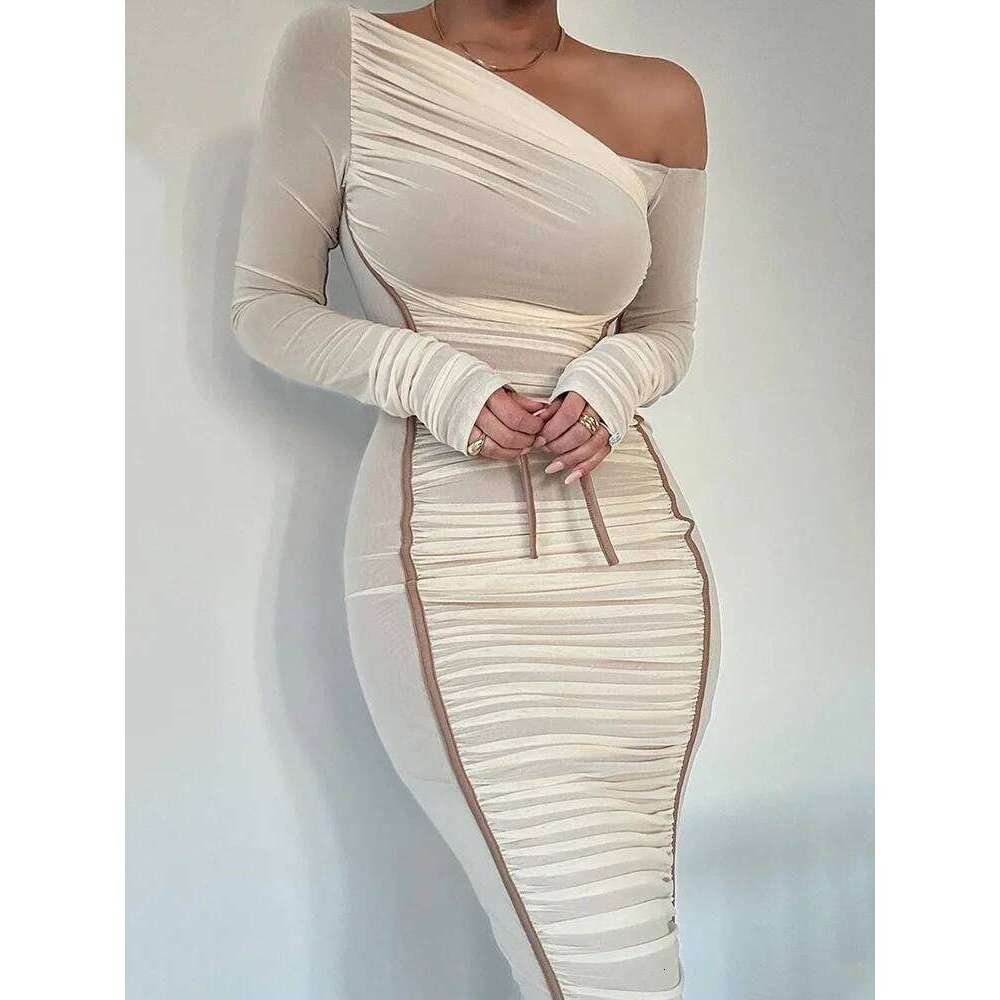 Mozision Diagonal Collar Sleeve Midi For Women Two Layer Mesh Backless Ruched Bodycon Club Party Sexy Long Dress