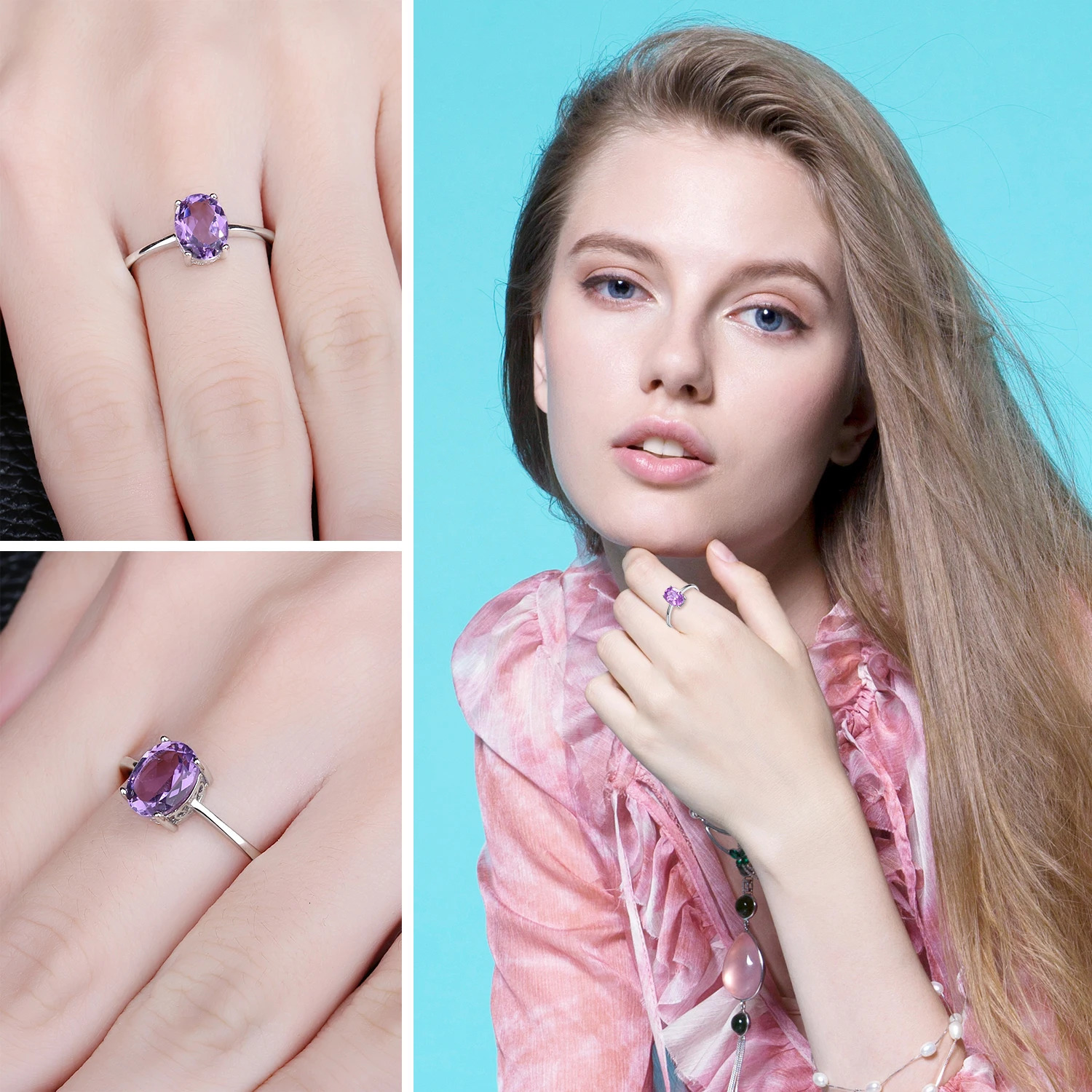 Jewelry Rose Gold Yellow Gold Plated Oval Natural Amethyst Citrine Garnet Topaz Peridot 925 Sterling Silver Ring for Women 250519