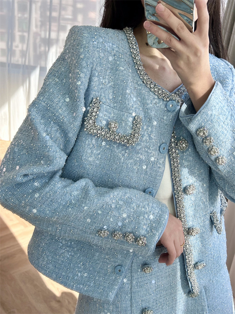 2025 Spring Sky Blue Two Piece Dress Sets Long Sleeve Round Neck Tweed Single-Breasted Coat + Buttons Skirt Set Two Piece Suits M5A028639 Check Size C