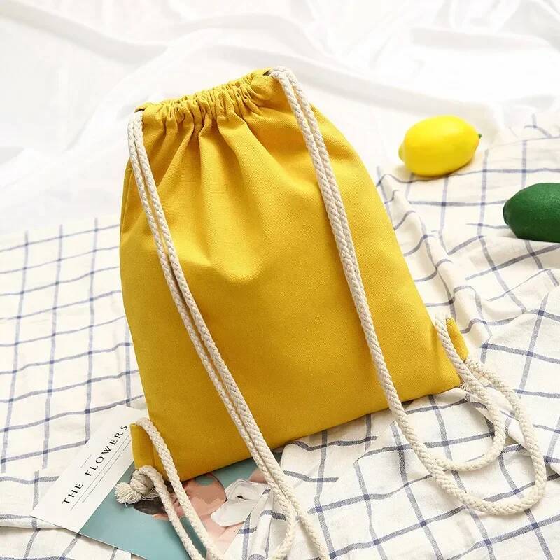 1 Pc Canvas School Bag Double Shoulder Drawstring Pocket Portable Casual Women Men Travel Backpack