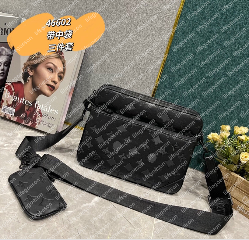 new Designer bags men 3pcs Trio Leather Black Flowers Messenger Purse Crossbody Bags Shopping Bag Plain Shoulder bag Handbags Women Wallets purse tote bag 5AAAA A168