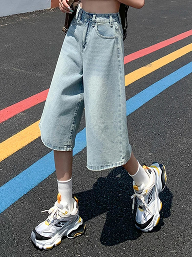 Female Summer American Vintage Baggy Denim Cropped Pants Woman High Waist Washed Wide Leg Jeans Light Blue Loose A Line Shorts 250516Z