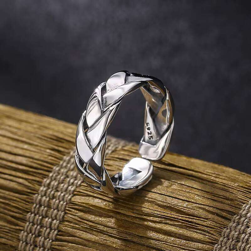 Real Pure Sterling Sier Simple Men's and Women's Open Ring with Fashion Woven Adjustable Size Vintage Jewelry