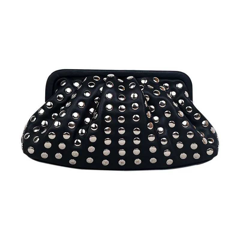 Fashion Rivet Clutch Bag for Women Ruched Hobo Lady Handbags Luxury Pu Leather Evening Party Purses Punk Shell Female Bag 2024 W250527