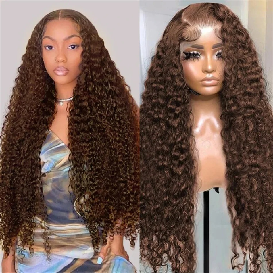 250 Density Chocolate Brown Deep Wave Lace Front Human Hair Wig 34 Inch Color Hd Lace Frontal Wig For Women 13x6 Water Curly synthetic Wigs