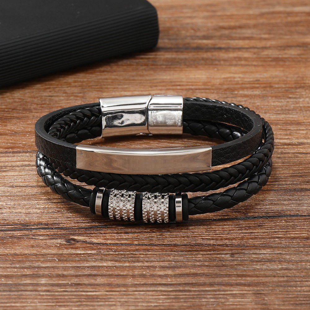 New Trendy Men'S Leather Bracelets From Europe And America, Cross-Border Multi-Layer Leather Wristbands, Stainless Steel And Titanium Steel Acces