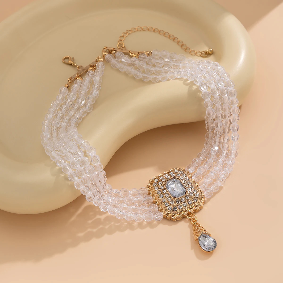 KunJoe Elegant Multilayer Crystal Beads Chain Necklace Women Water Drop Short Choker Wedding Jewelry Bride Neck Ornament 250522