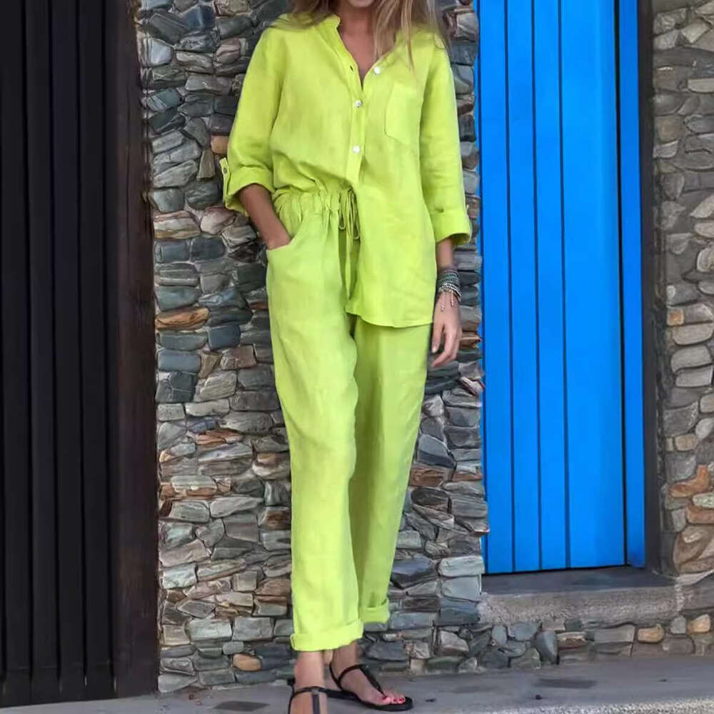 2025 Summer New Women's 2-Piece Set Plus Size Cotton Linen Shirt Suit High Waist Loose Long Pants