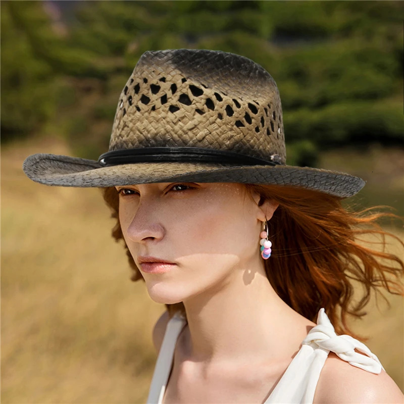 Western Hollow Sun Cowboy Hat for Women Wide Brim Summer Straw Women Cowgirl Hat 250526