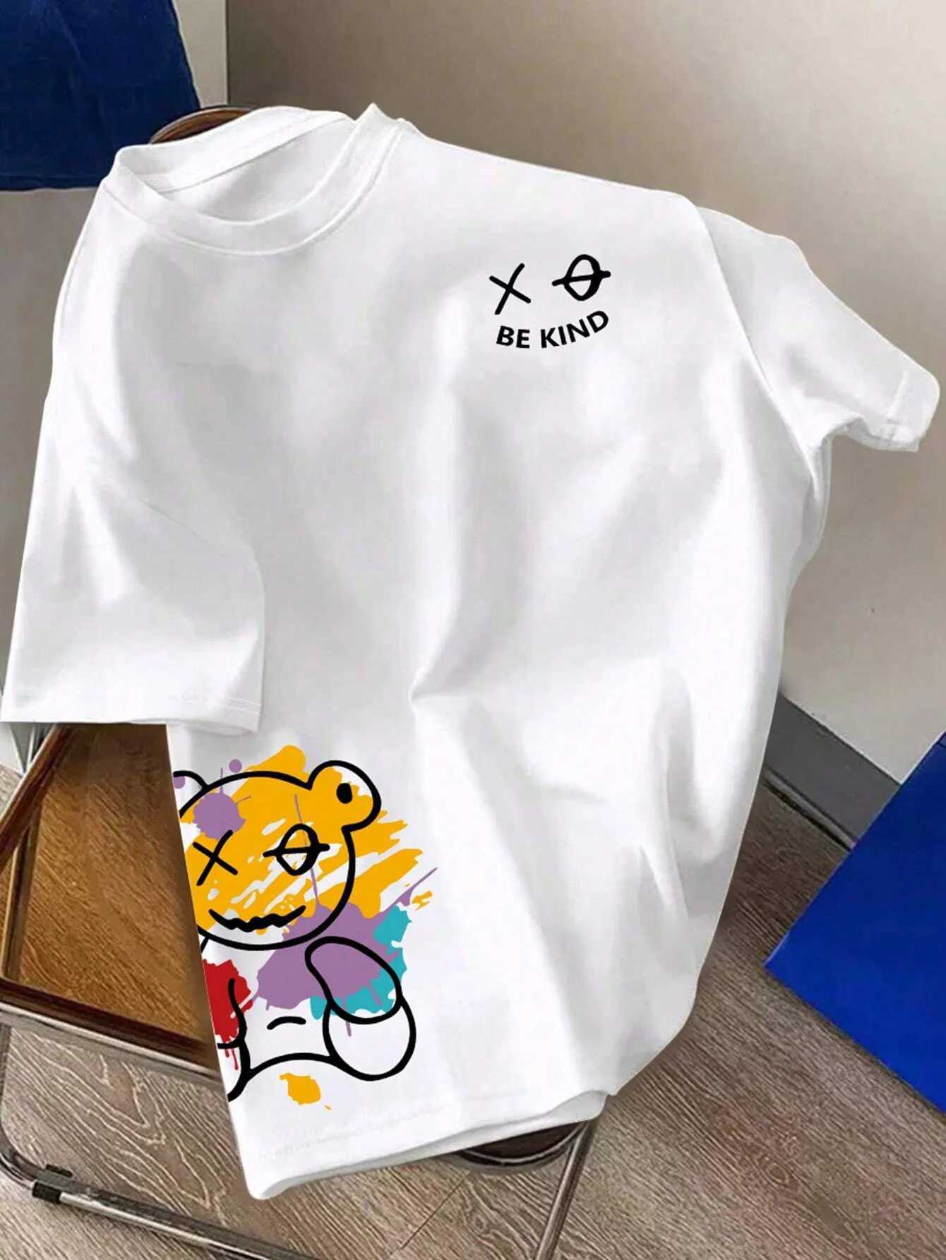 Mens 100% pure cotton summer loose size BE KIND letter cartoon print casual comfortable round neck short sleeve T-shirt top Z250527