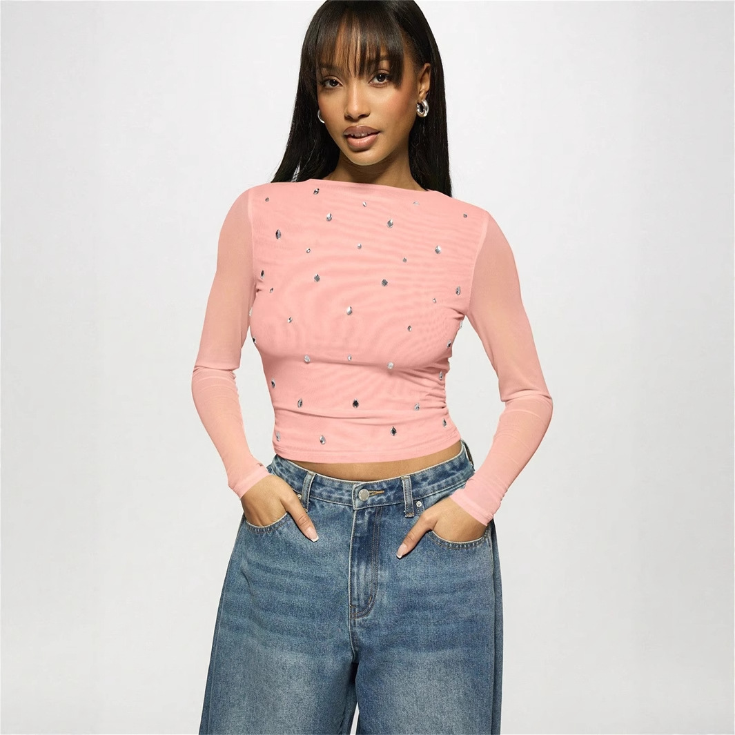Summer new women's casual printed slim fit semi transparent hollow long sleeved T-shirt
