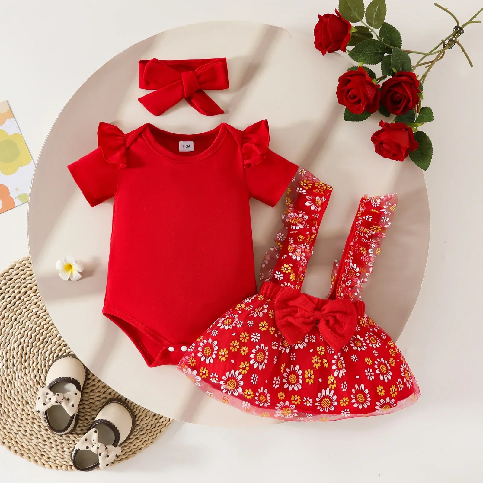 0 2 Y Baby Girl Short Sleeve Cotton Romper and Mesh Strap Skirt Set with Bow Options for Childrens Clothes 250527