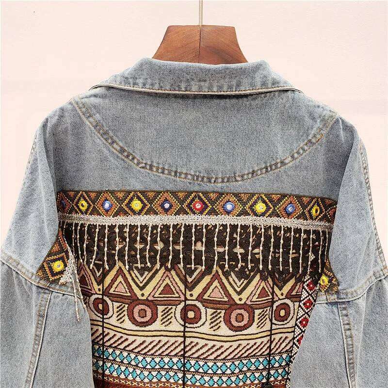 Spring Loose Vintage Ethnic Embroidery Tassel Jeans 2025 New Women Frayed Blue Denim Jacket Long Sleeve Casual Outerwear
