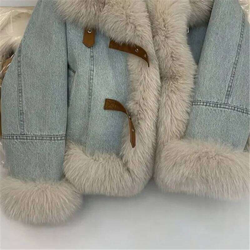 winter new Blue denim jacket women fur collar fashion Long sleeve padded jeans down warm fleece coat Female slim outerwear T785