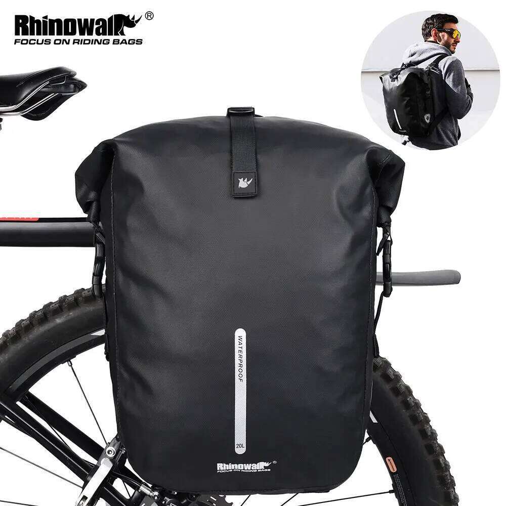 Rhinowalk Bike Pannier 20L Big Capacity Waterproof Rear Rack Black Travel Bicycle Cycling Shoulder Bag Backpack Accessories