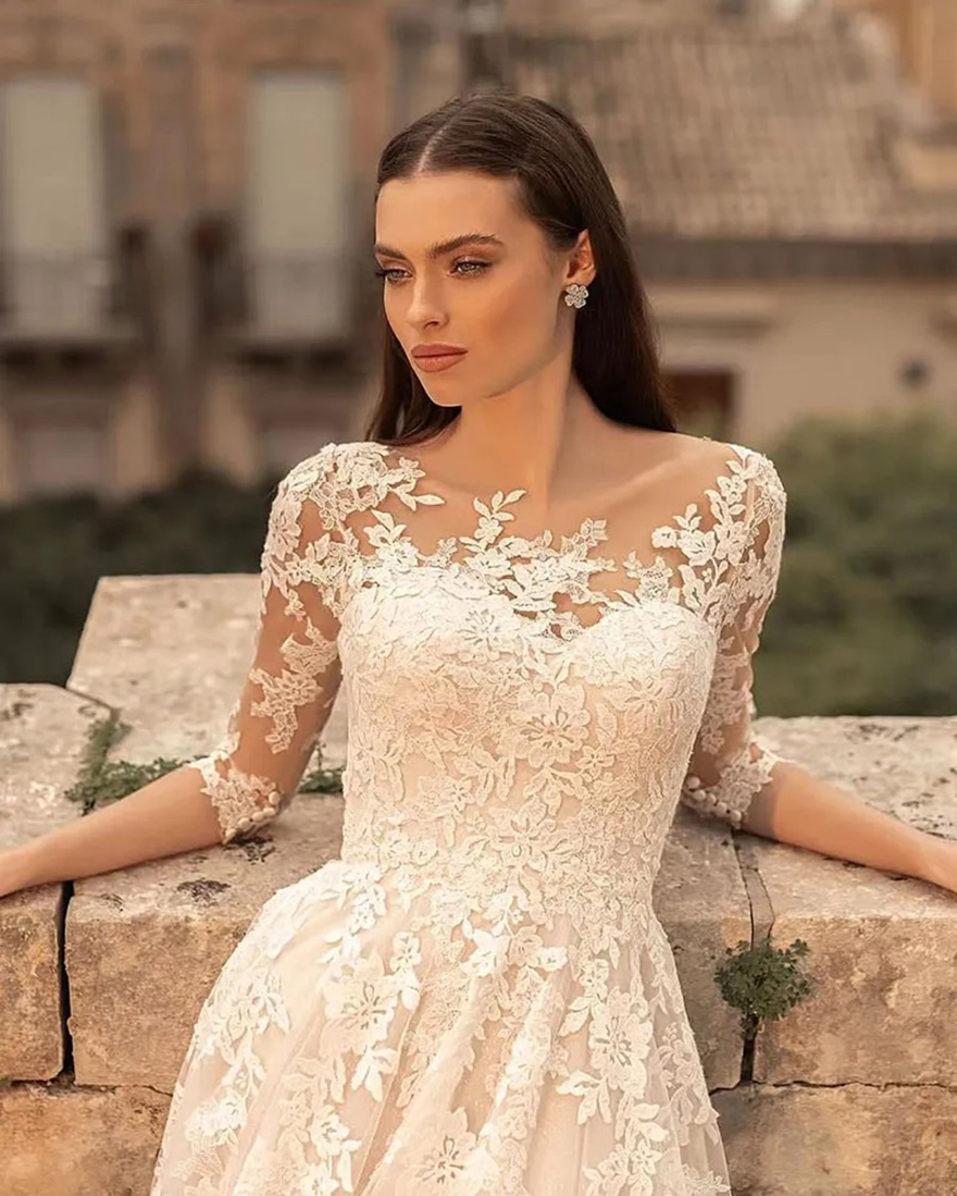 2025 Classical Champagne A-line Wedding Dresses Tulle Sweetheart O Neck Appliques Backless Half Sleeves Bridal Gown Vestidos De Novia Customized