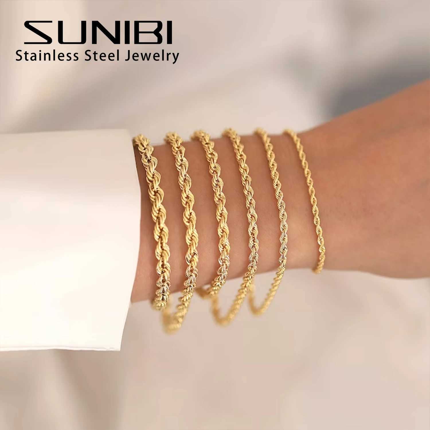 SUNIBI Twisted Rope Chain Bracelets for Women Lady Stainless Steel Gold Color Bracelet Wrist Jewelry Wholesale Dropshipping W250526