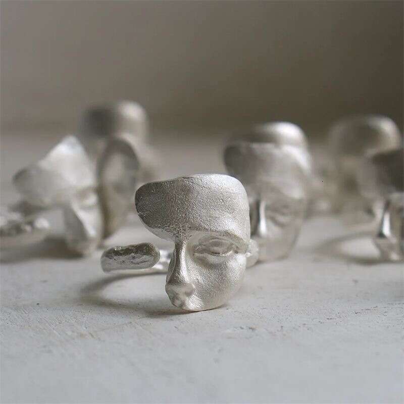 Burnt White Texture Silver Handmade Open Versatile Personality Mask Ring Matte Niche High-end Jewelry