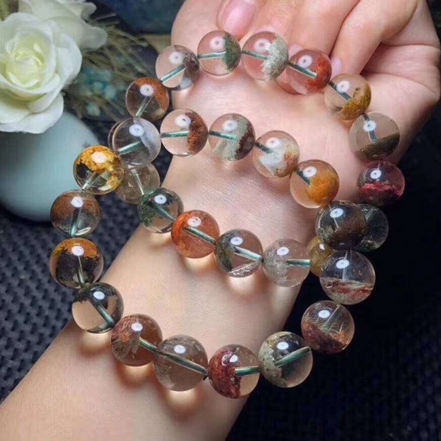 High Quality Natural Colorful Crystal Beads Bangle Green Flower Phantom Ghost Garden Quartz Bangles Jewelry