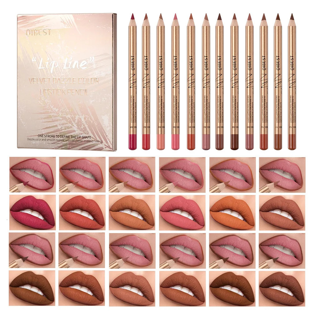 QI 12 colors matte lip liner set colorful not easy to smudge long-lasting non-stick cup matte gold tube lip liner 250527