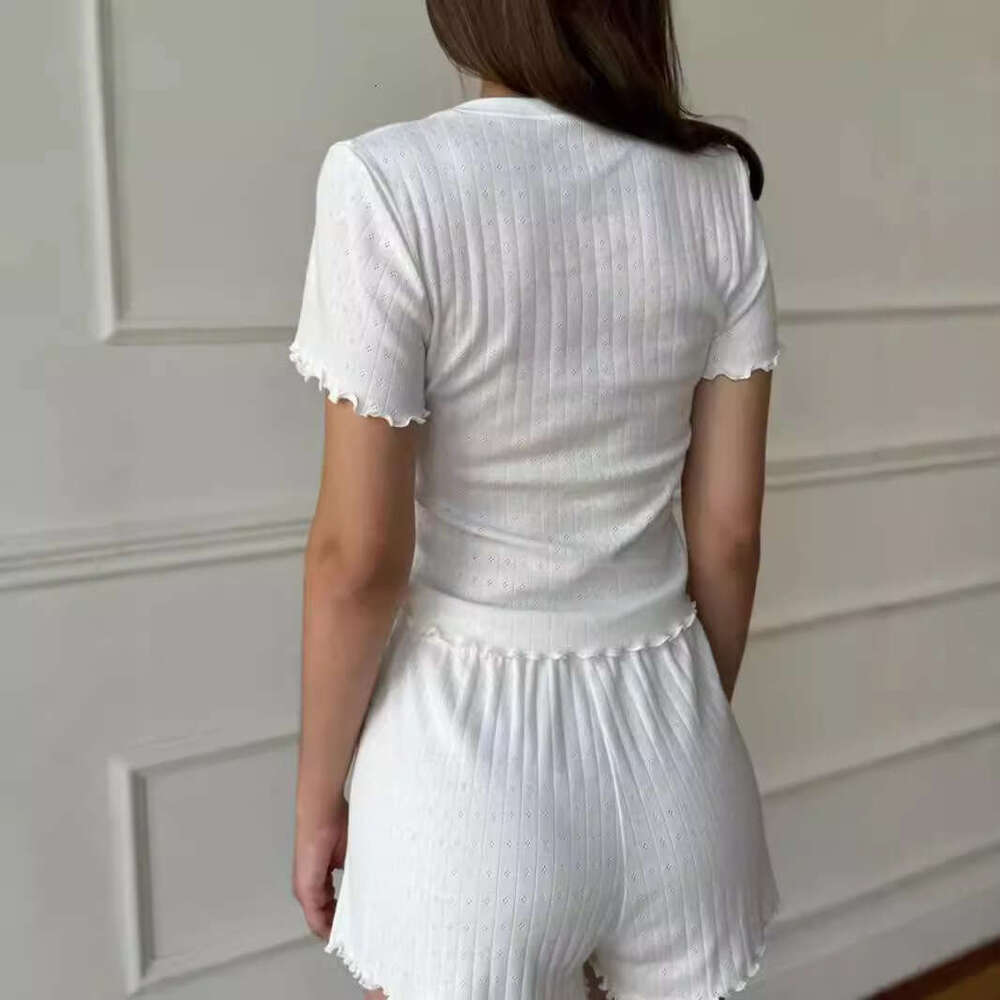 Fashion Casual Jacquard Ruffle Slim Fit Elegant Home Round Neck Short Sleeve Shorts Two-Piece Set for Women